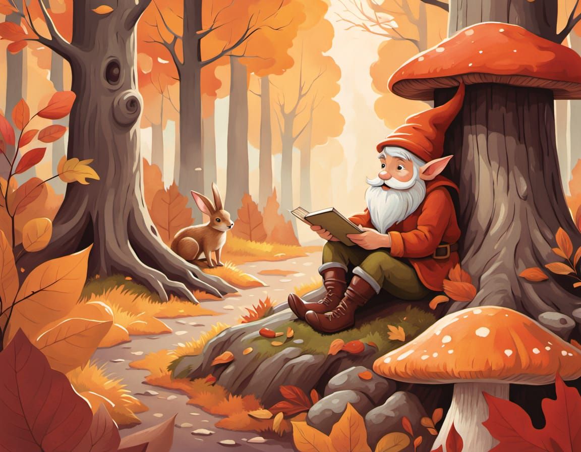 Gnome Sleeping in Autumn Forest, Chalk Illustration