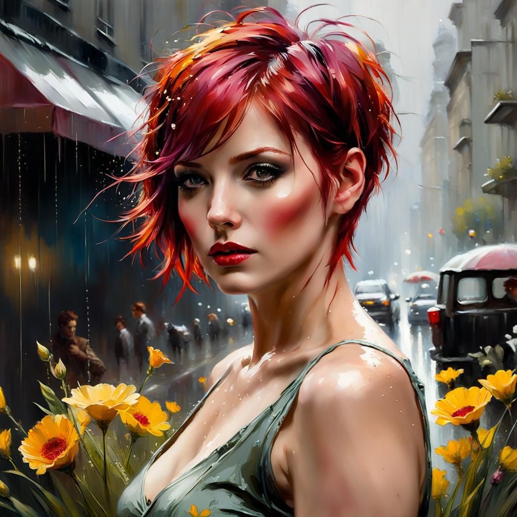 Woman in Rainy Spring: Oil Painting
