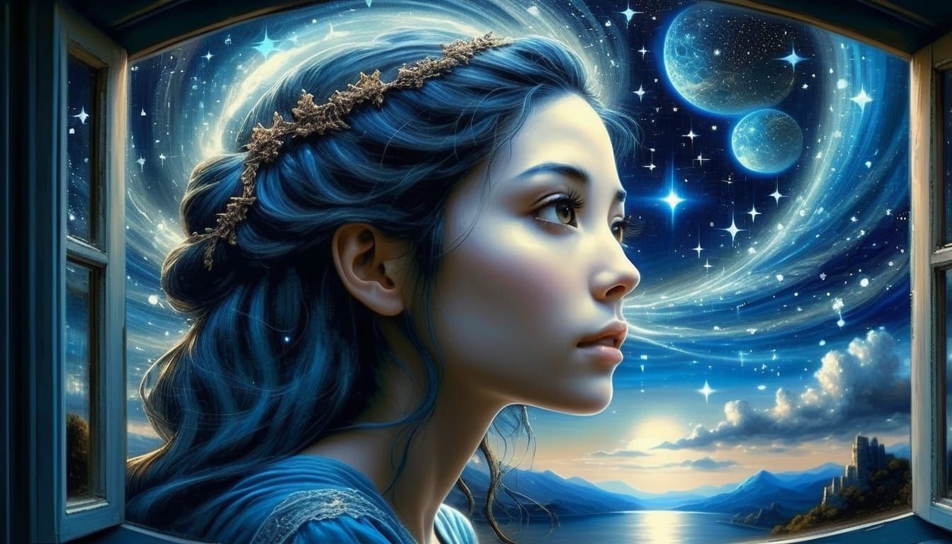 Dreamy Surreal Woman Gazing into Her Dreams