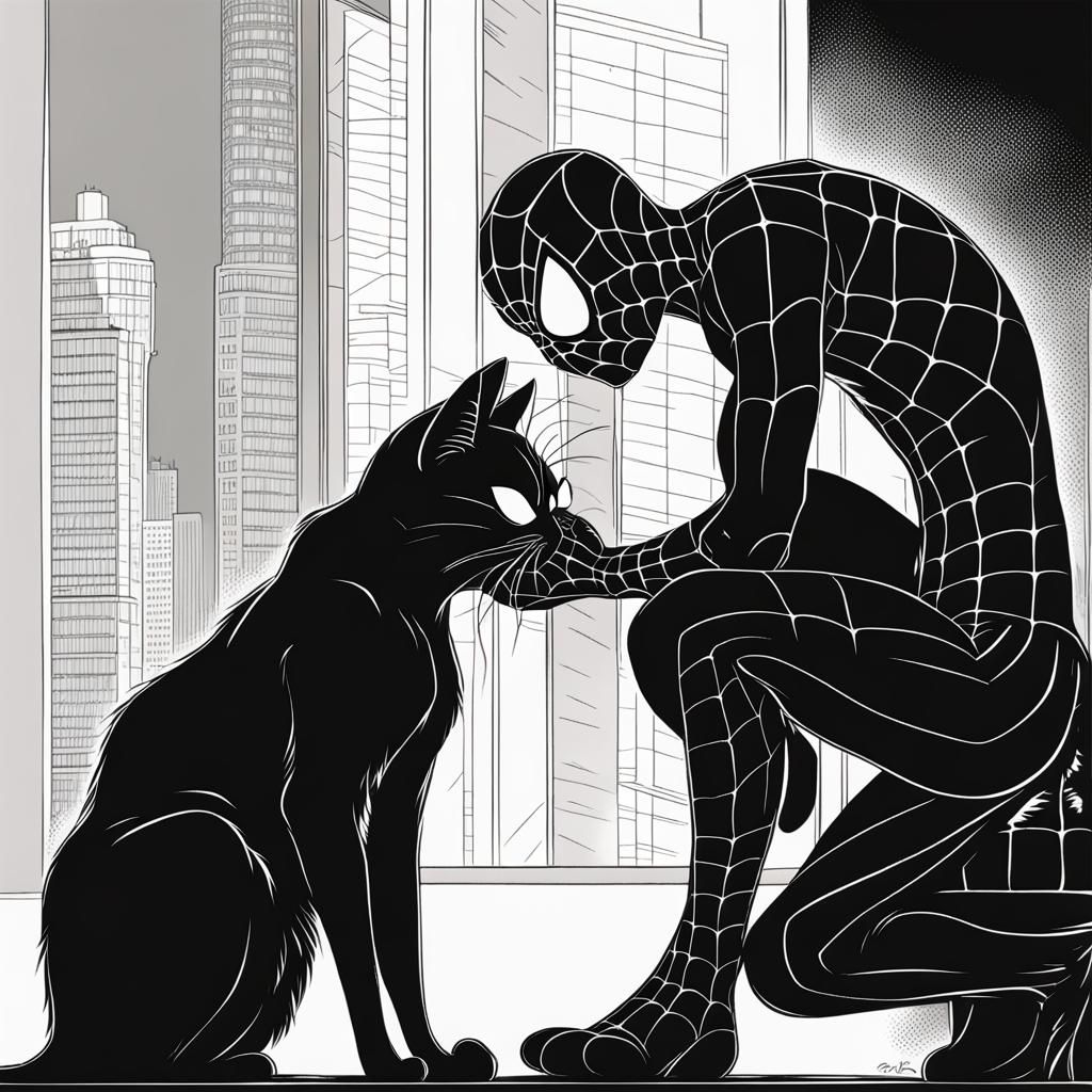 Spiderman Kissing Black Cat: Digital Illustration