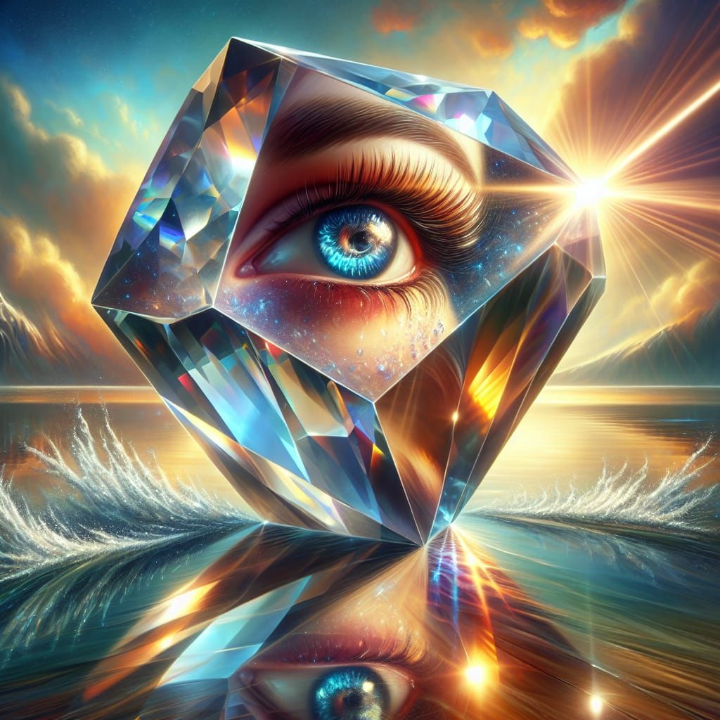 Surreal Diamond Reveals Serene Lake Scene with Amplified Eye