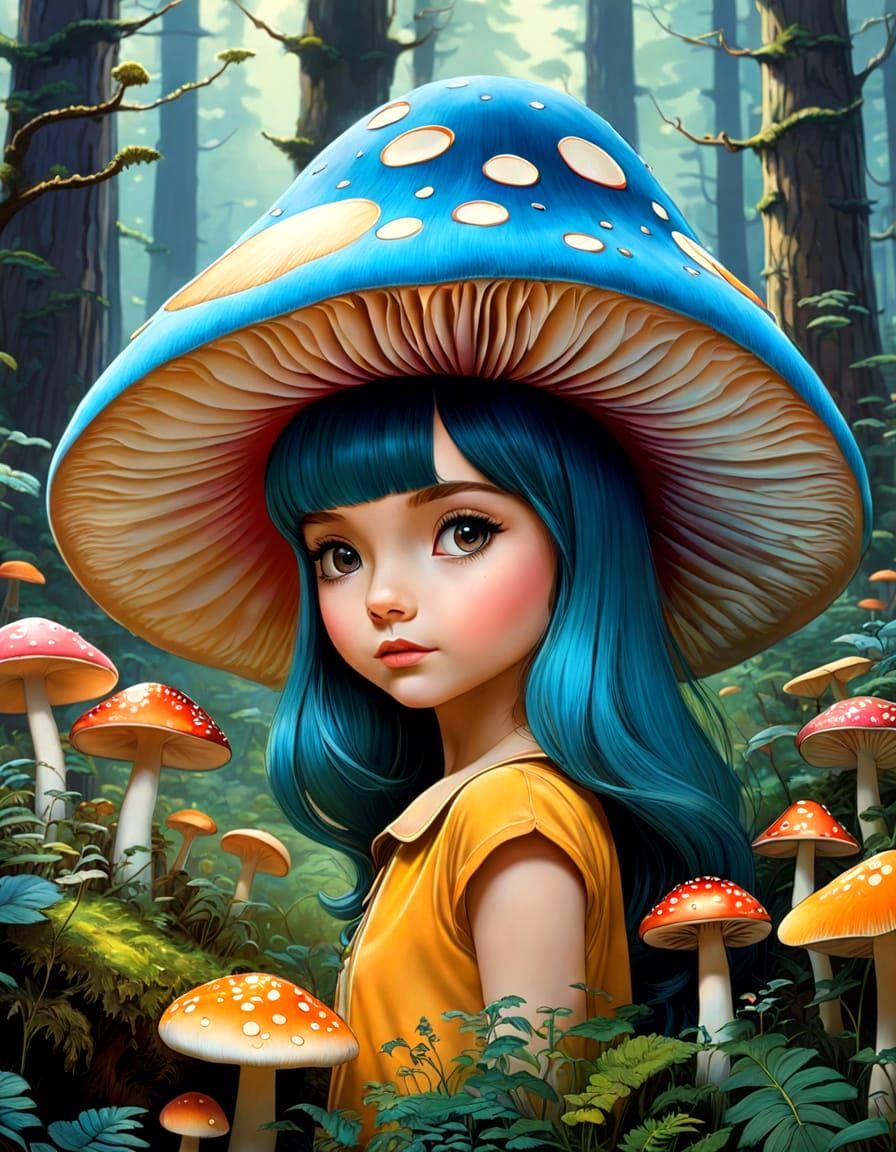 A mushroom grows in a forest.