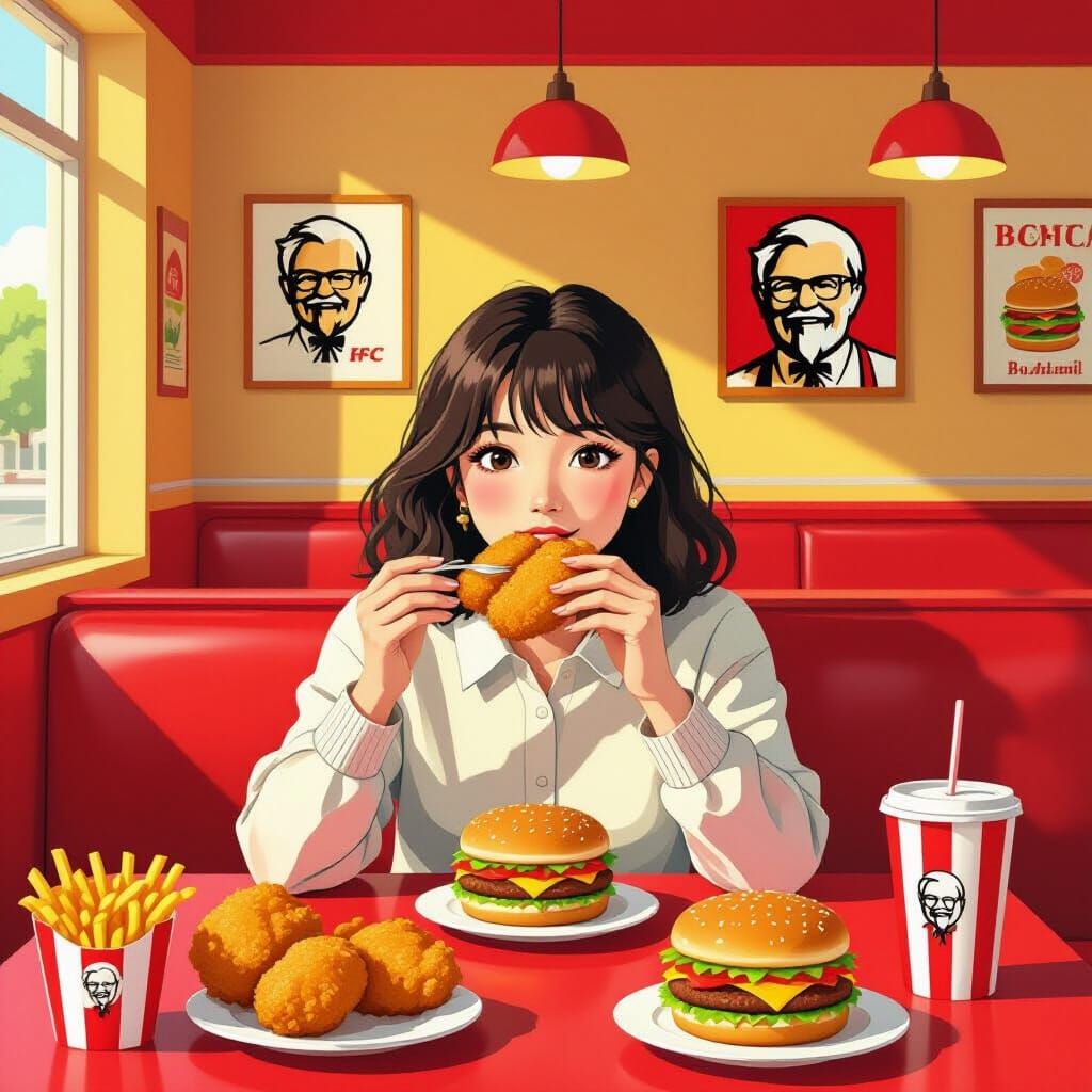 Person Eating at KFC in Pop Surrealist Style
