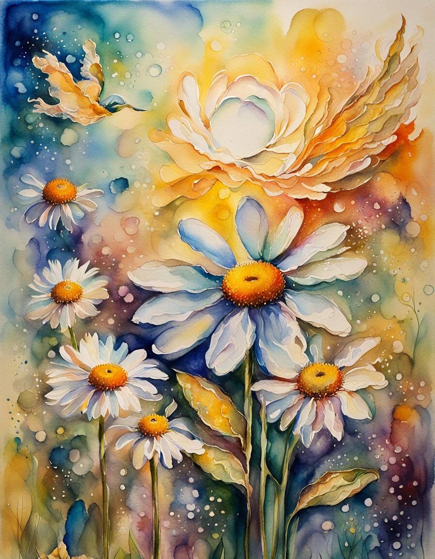 Dreamlike Daisy with Wing Petals in Watercolor