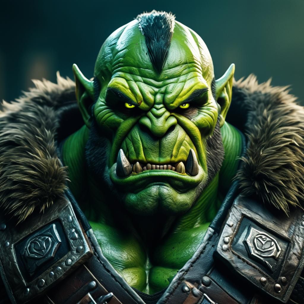 Intense Green Orc Warrior in Protective Armor