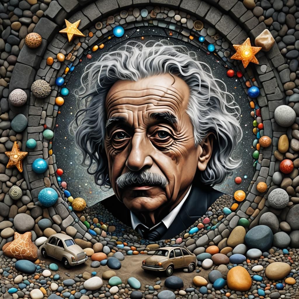 Surreal Einstein Self-Portrait with Birdhouse in Pointillism