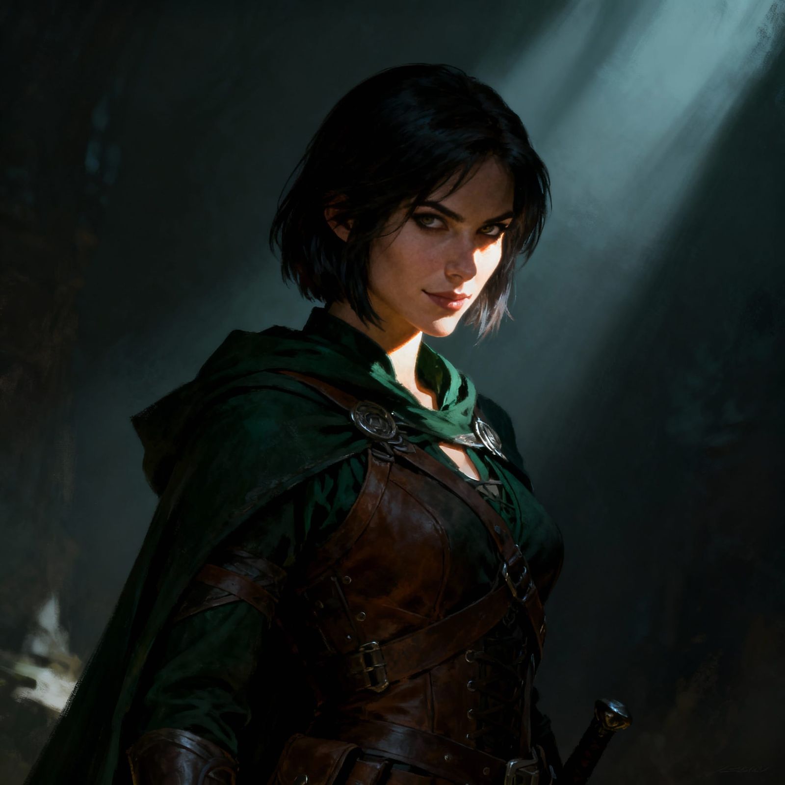 Photorealistic Female Rogue Portrait in Moody Lighting