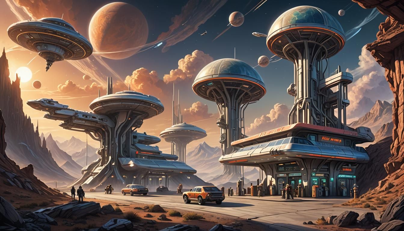Futuristic Gas Station on Exoplanet at Dawn
