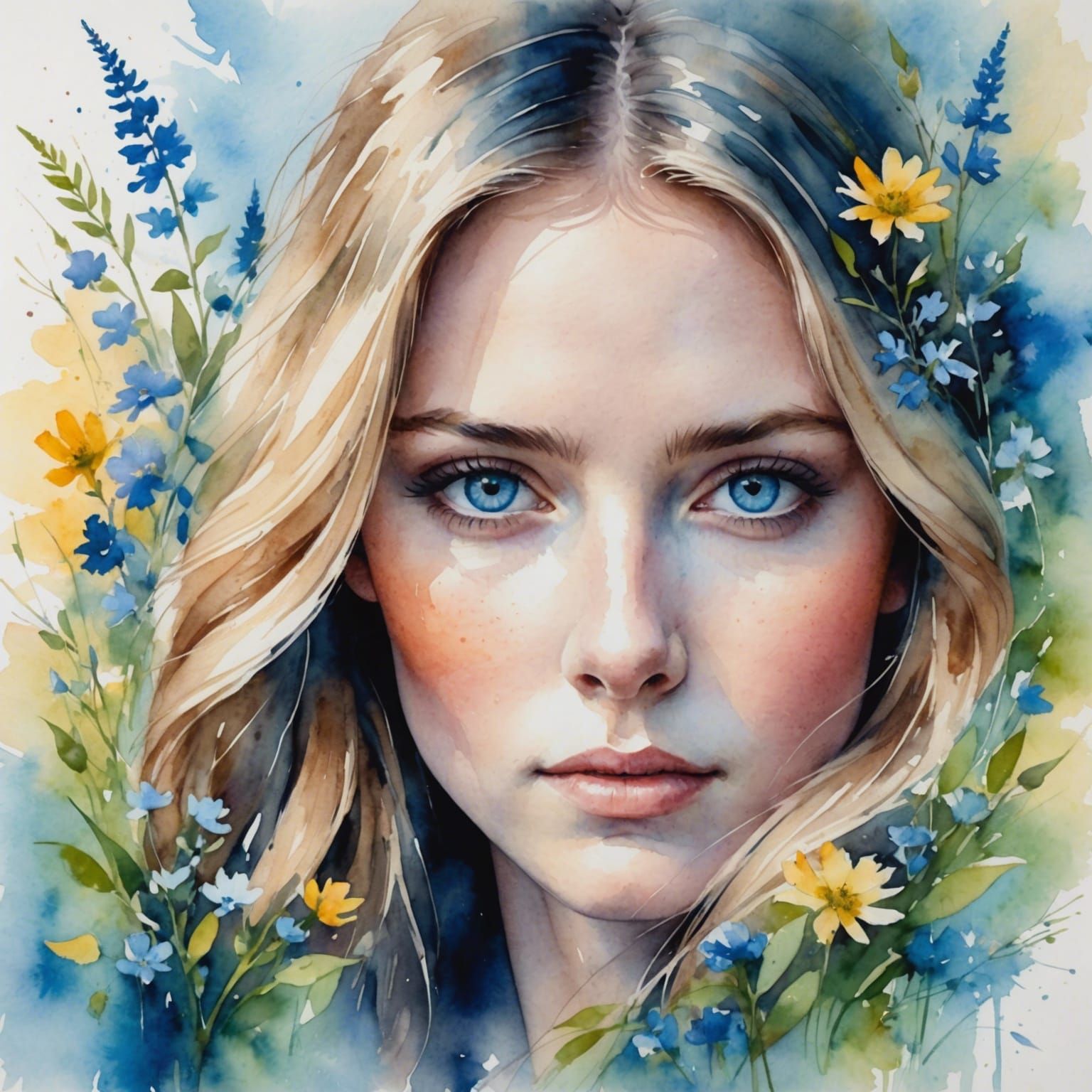 Abstract watercolour of a beautiful female, beautiful blue eyes, wildflowers background, summer colour accents, light-sh...