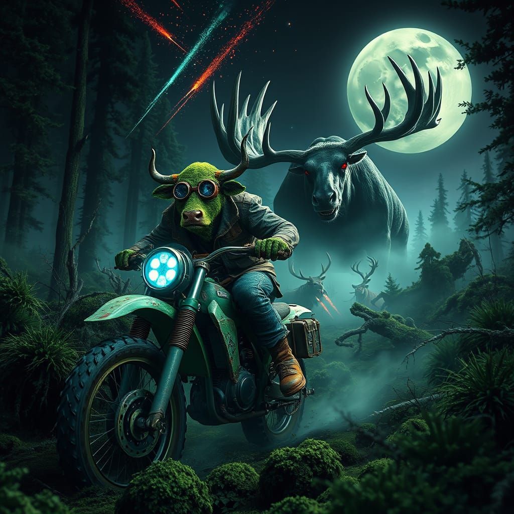 Post-Apocalyptic Zombie Cow Speeds Through Mossy Forest Unde...