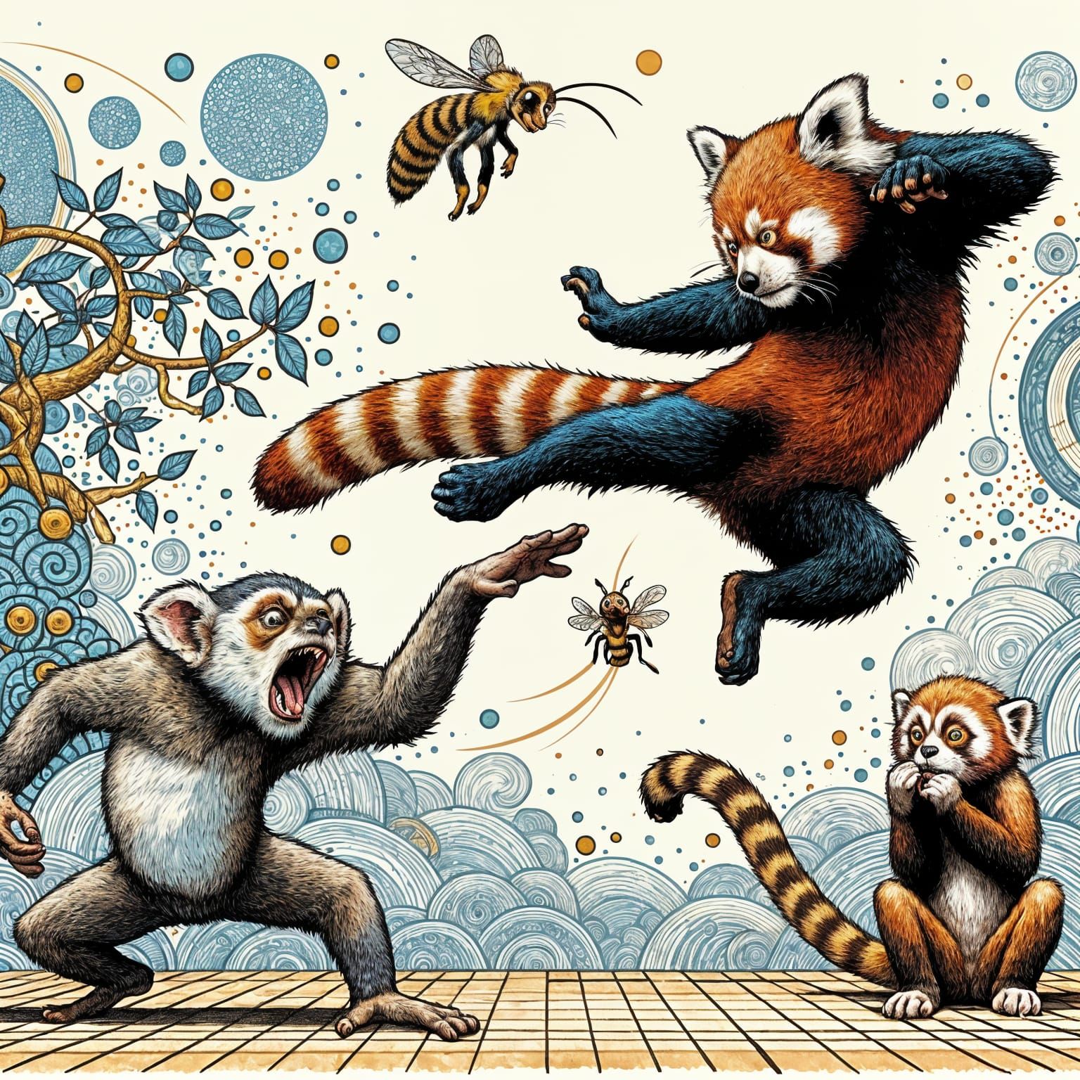 Vibrant Red Panda Delights in Energetic Jump Kick Scene