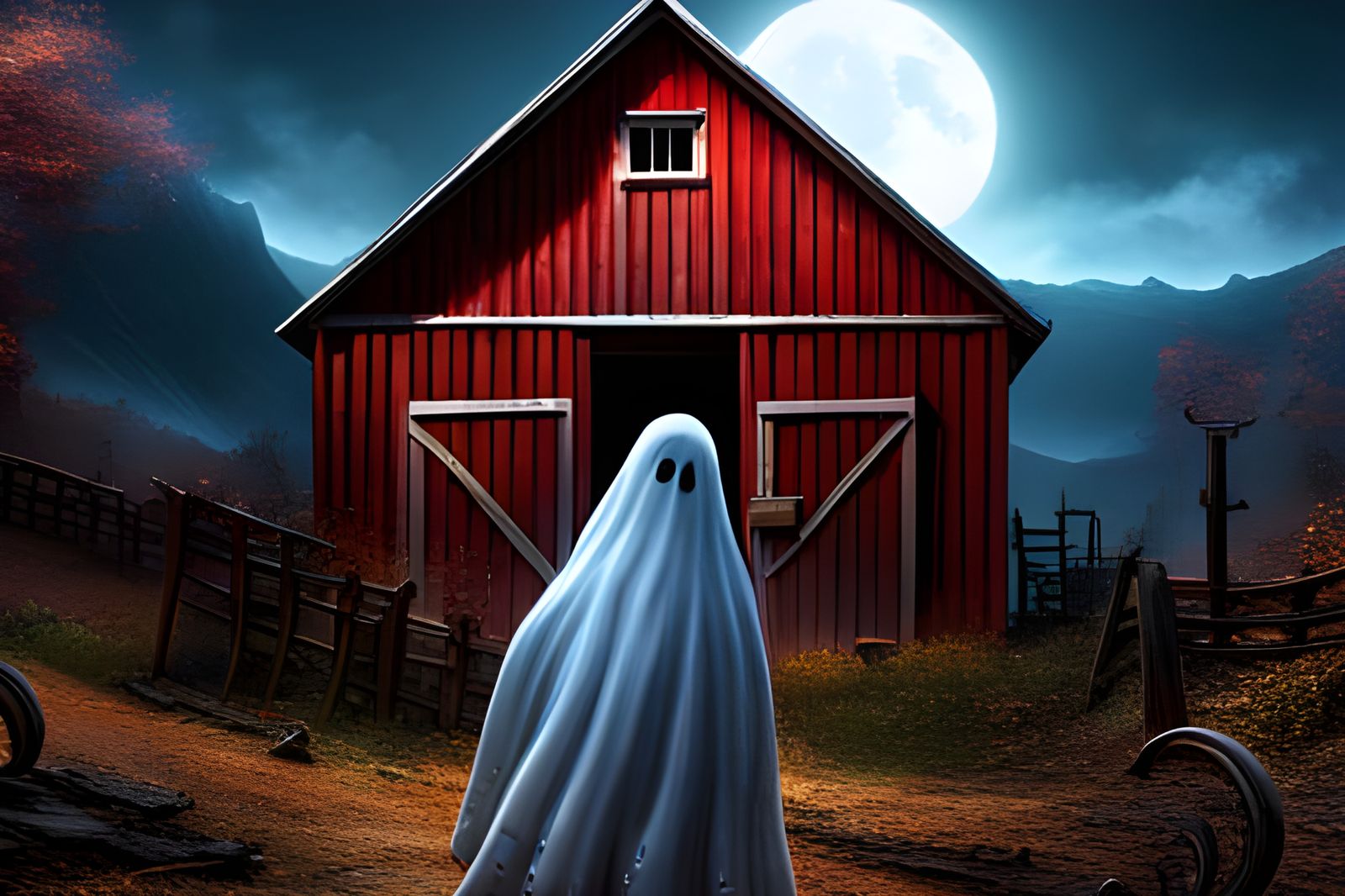 Red Eyed Ghost in Front of Barn