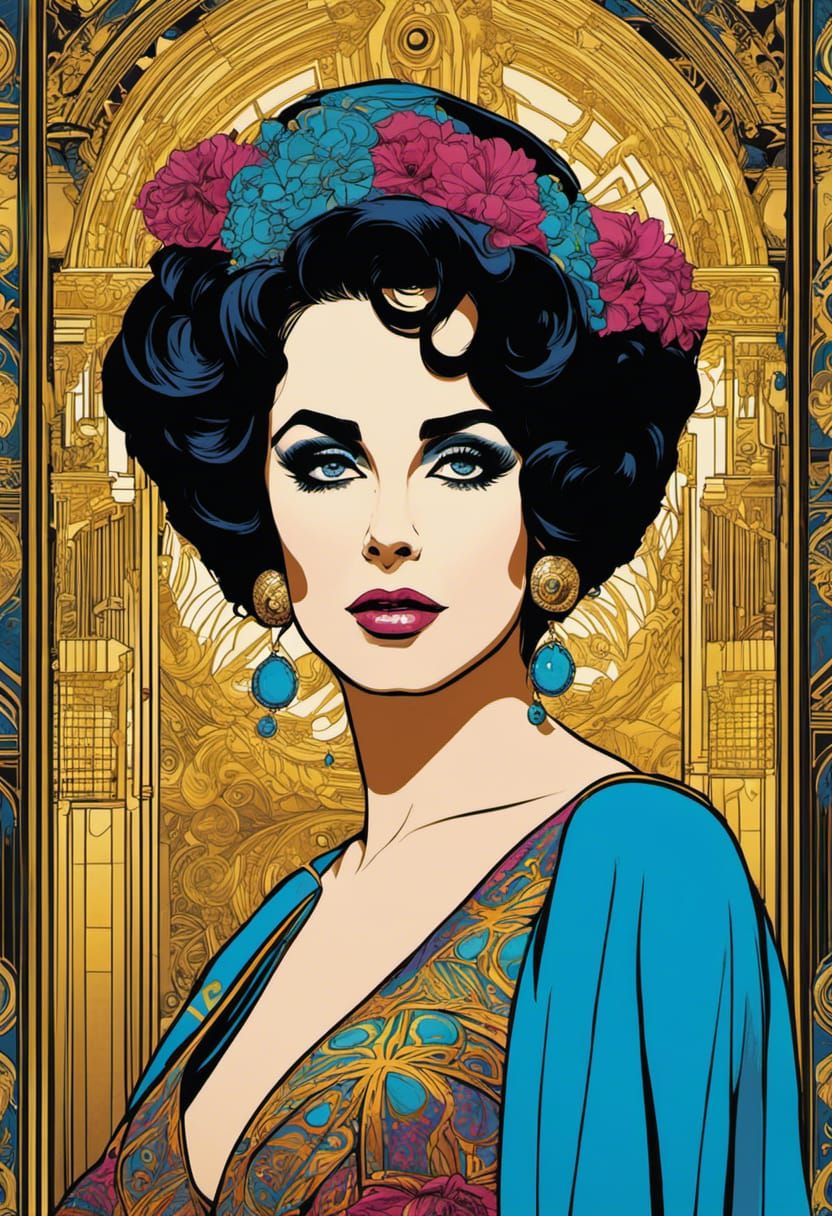 Elizabeth Taylor Graphic Novel Art in Bohemian Klimt Style