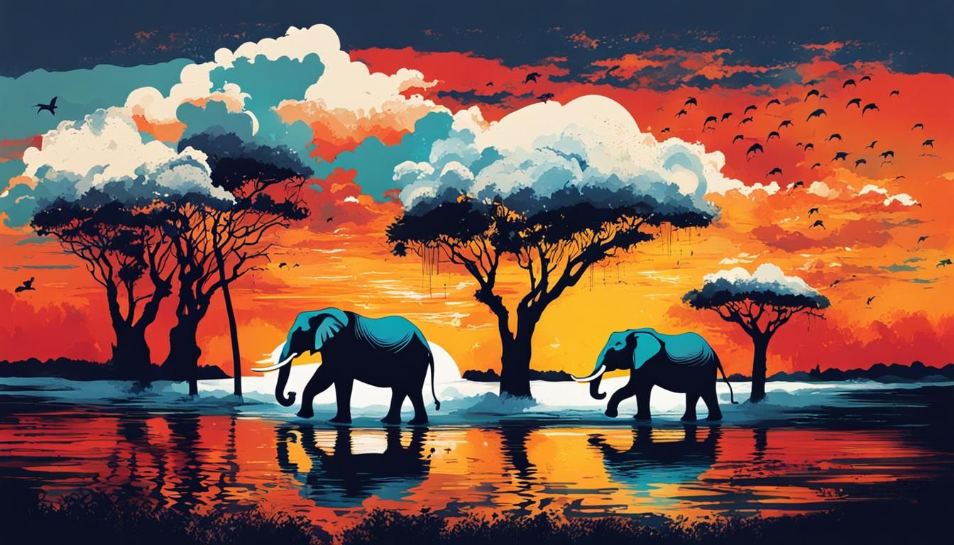 Elephants at Sunset: Whimsical Ink Illustration