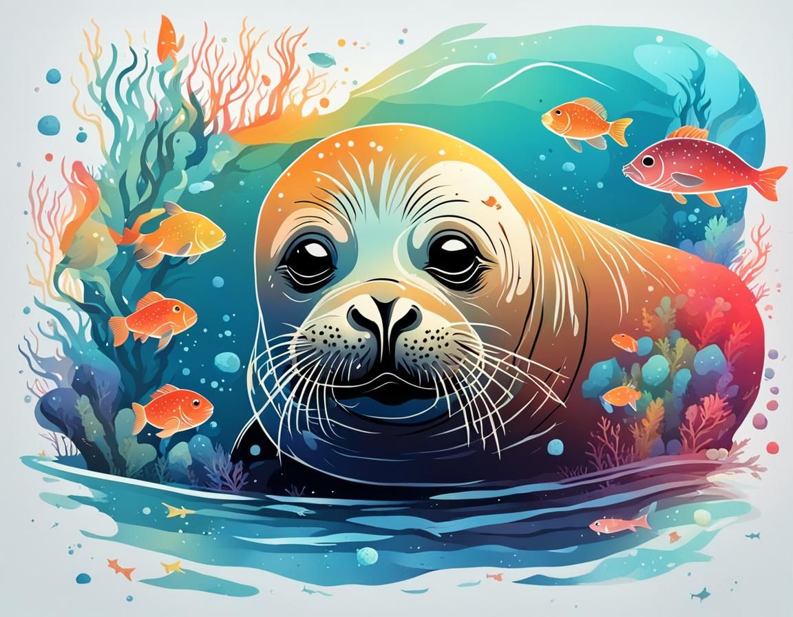 Cute Seal Swimming Underwater in Brutalist Style