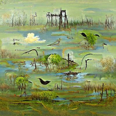 Serene Swamp Landscape with Flying Birds