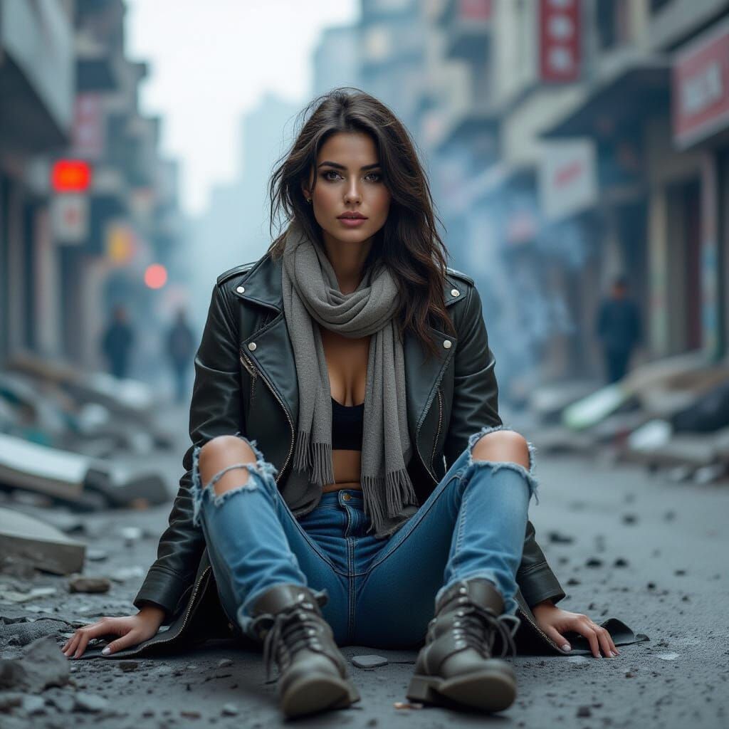 Woman in Bombed Cityscape: Cinematic Post-Apocalyptic Scene