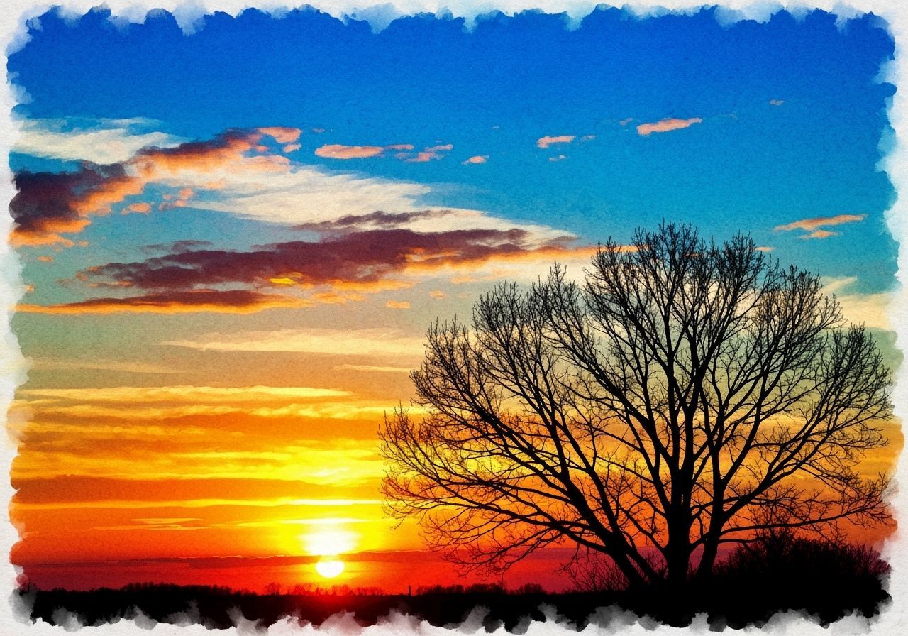 Vibrant Watercolor Sunset Behind Bare Tree Silhouette