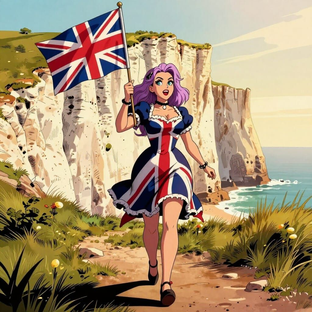 Gothic Girl Waving England Flag at Dover Cliffs in Cartoon S...