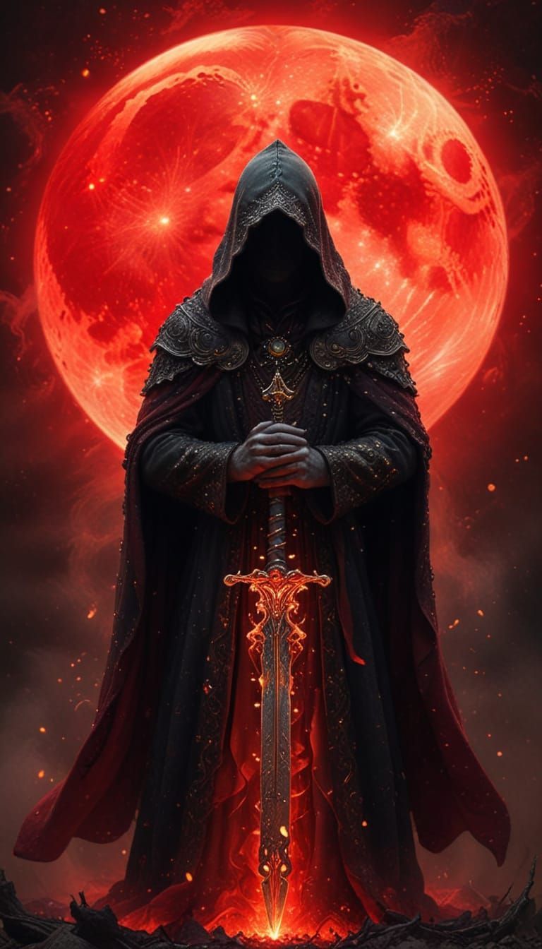 Mysterious Warrior in a Radiant, Red Moonlit Scene