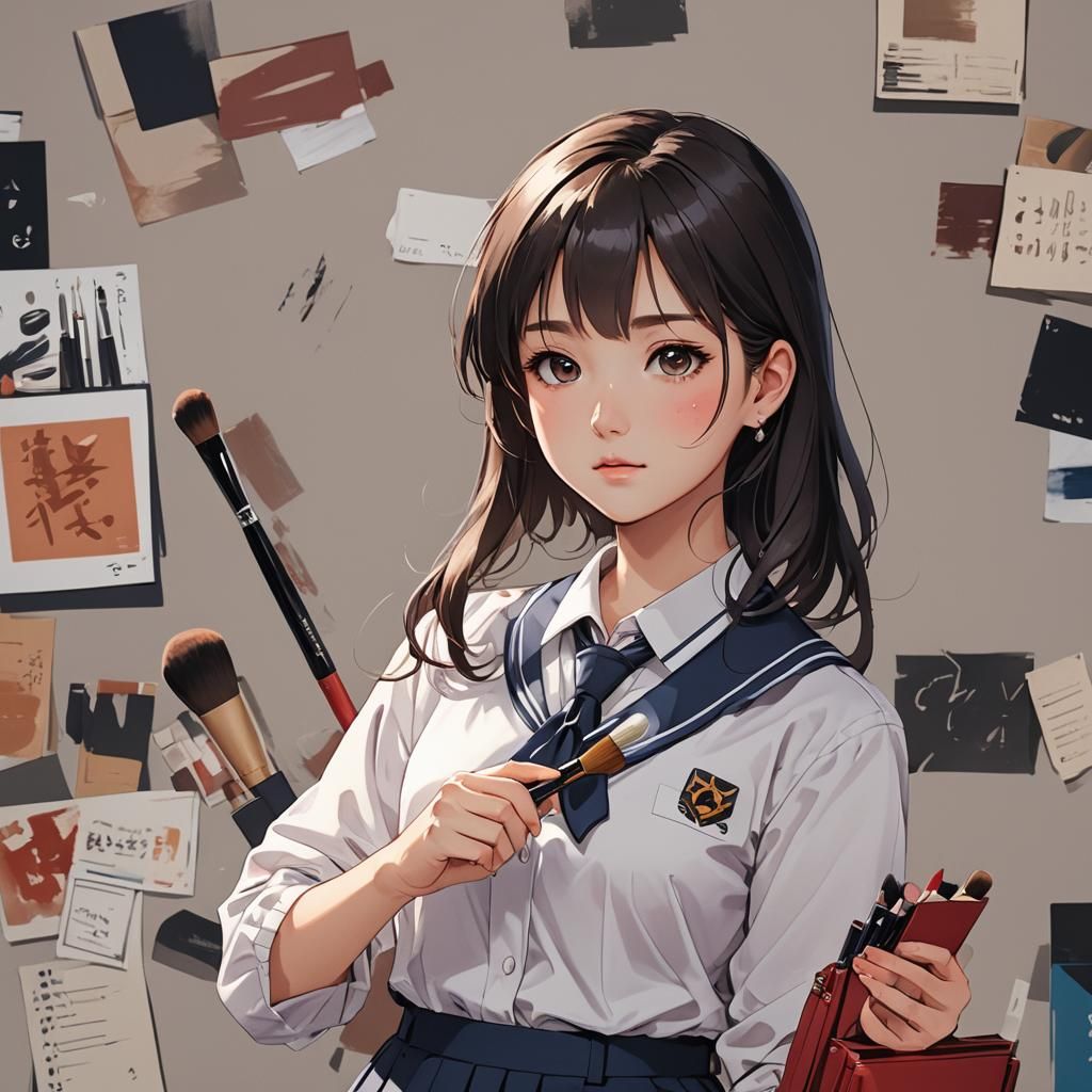 Anime Schoolgirl with Makeup Brush, Cel-Shaded Style