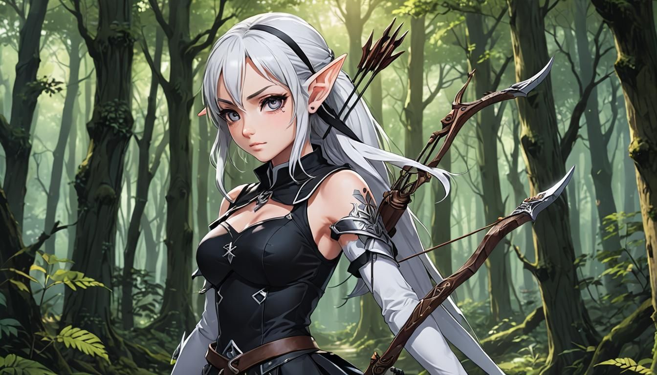 Anime Elf Girl in Gothic Costume with Bow