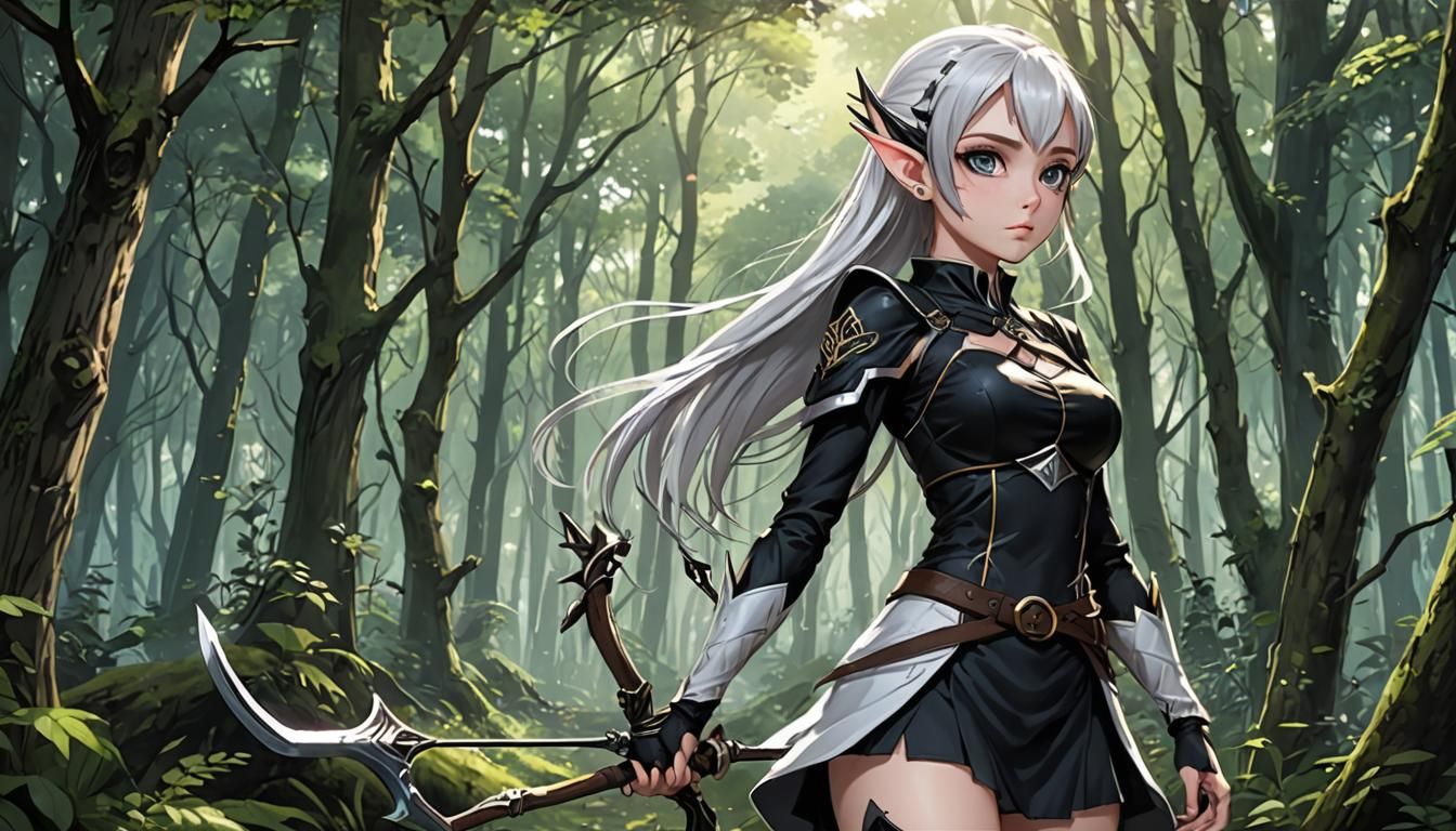 Gothic Elf Archer in Anime Style