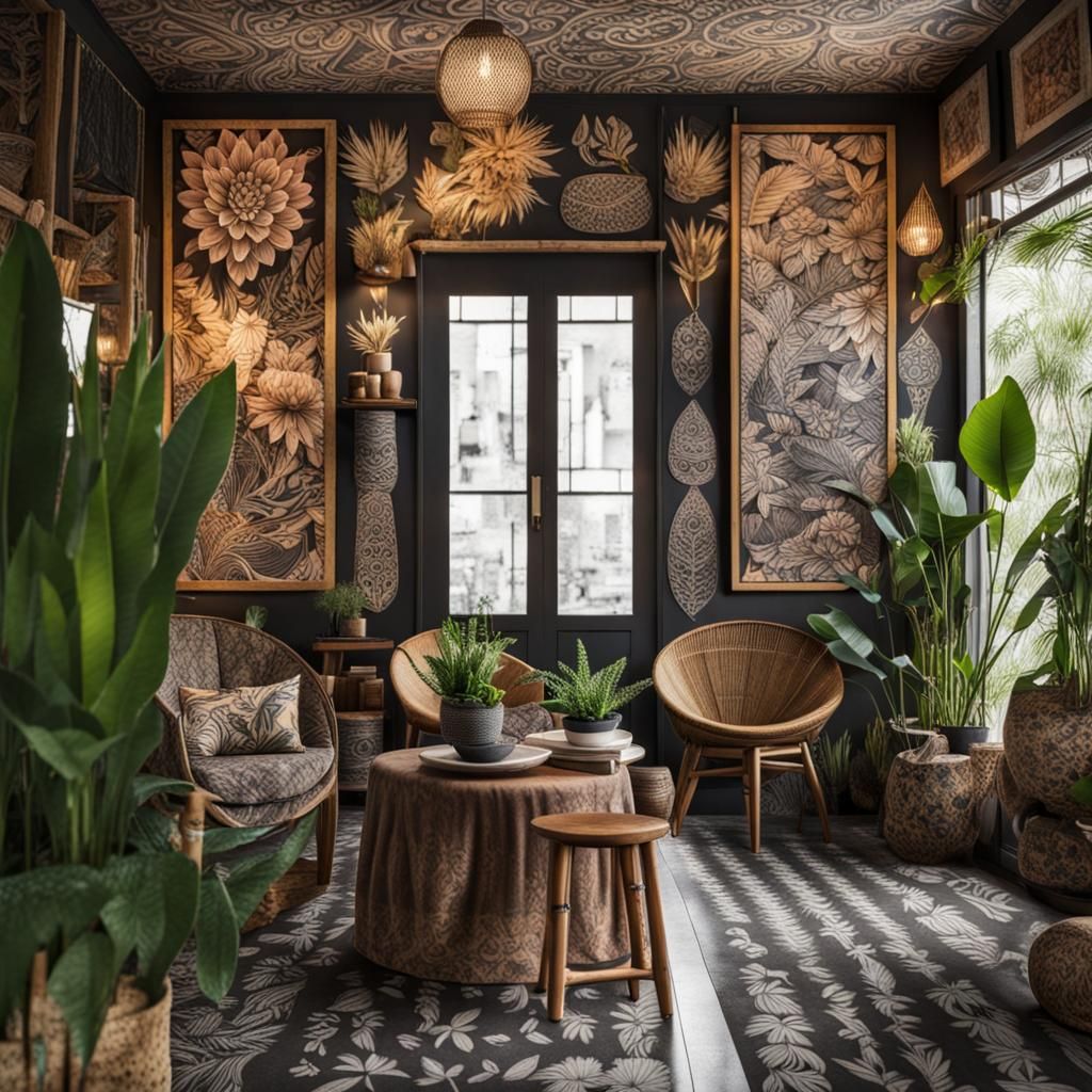 Trendy Indonesian Tattoo Shop Interior with Batik