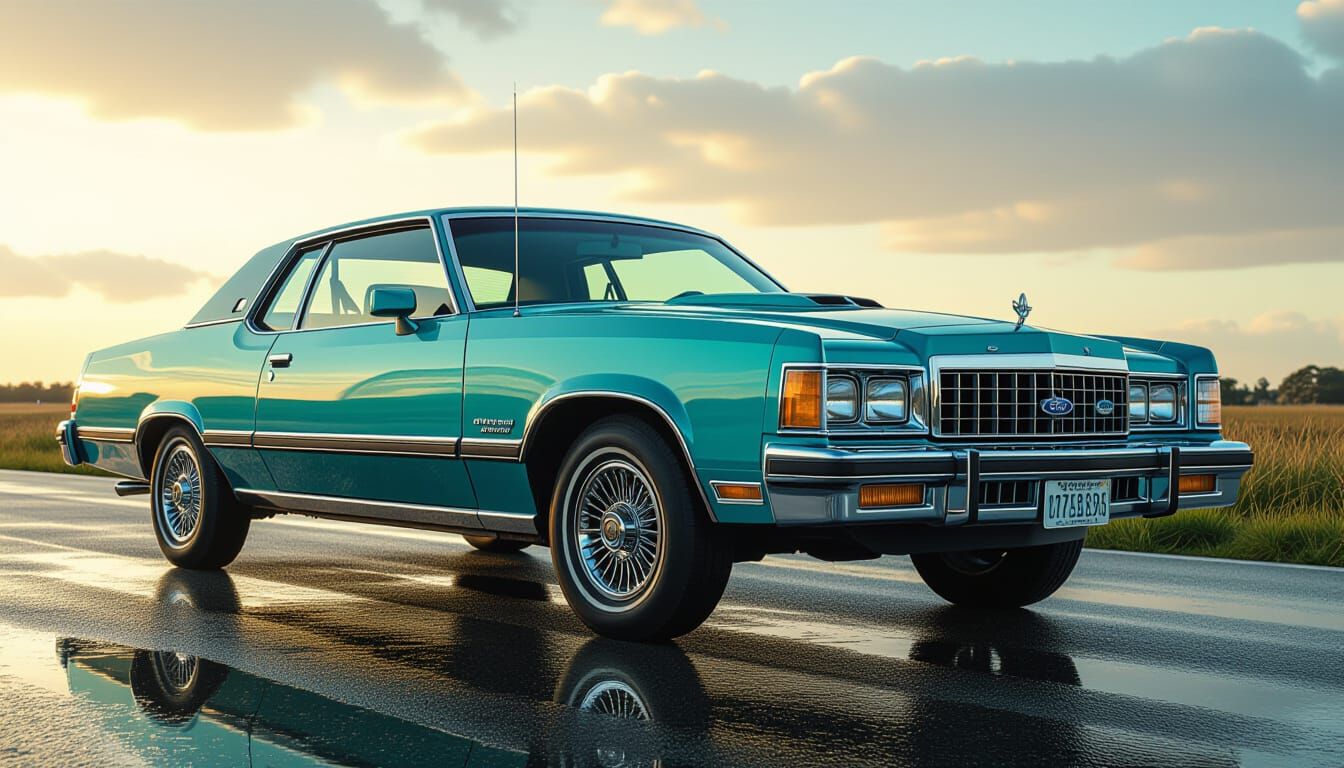 Turquoise Ford V8 in Detailed Digital Illustration