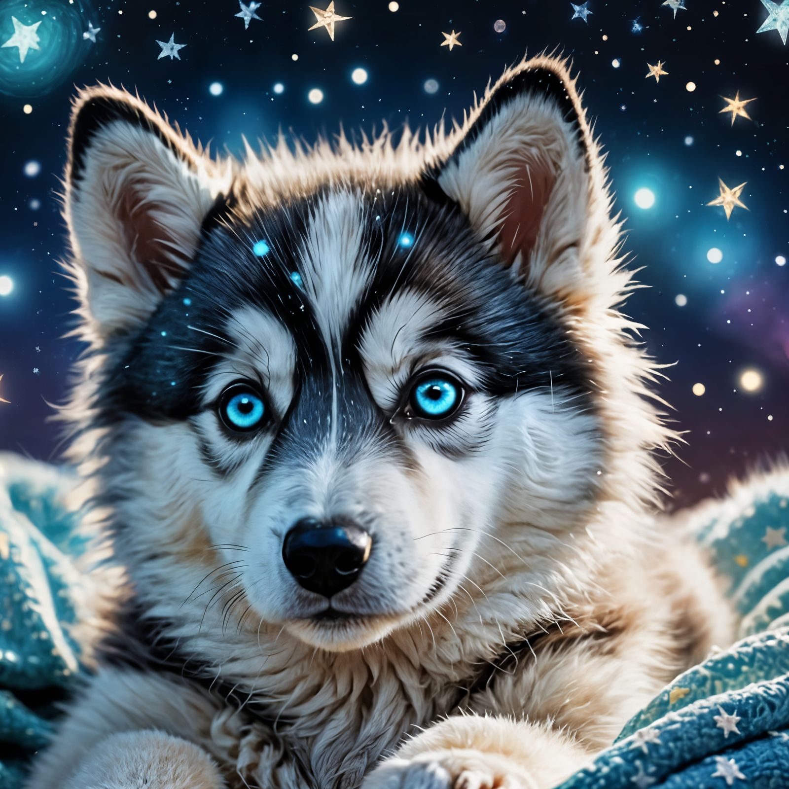 Dreamy Husky Puppy Lying on a Cozy Blanket Under Sparkling S...