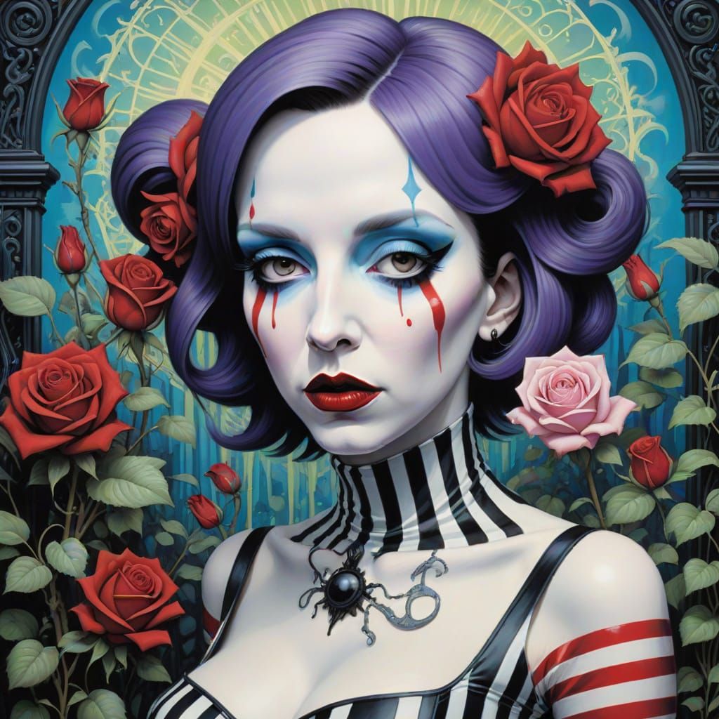 Surreal Woman in Graffiti Garden with Melting Clocks