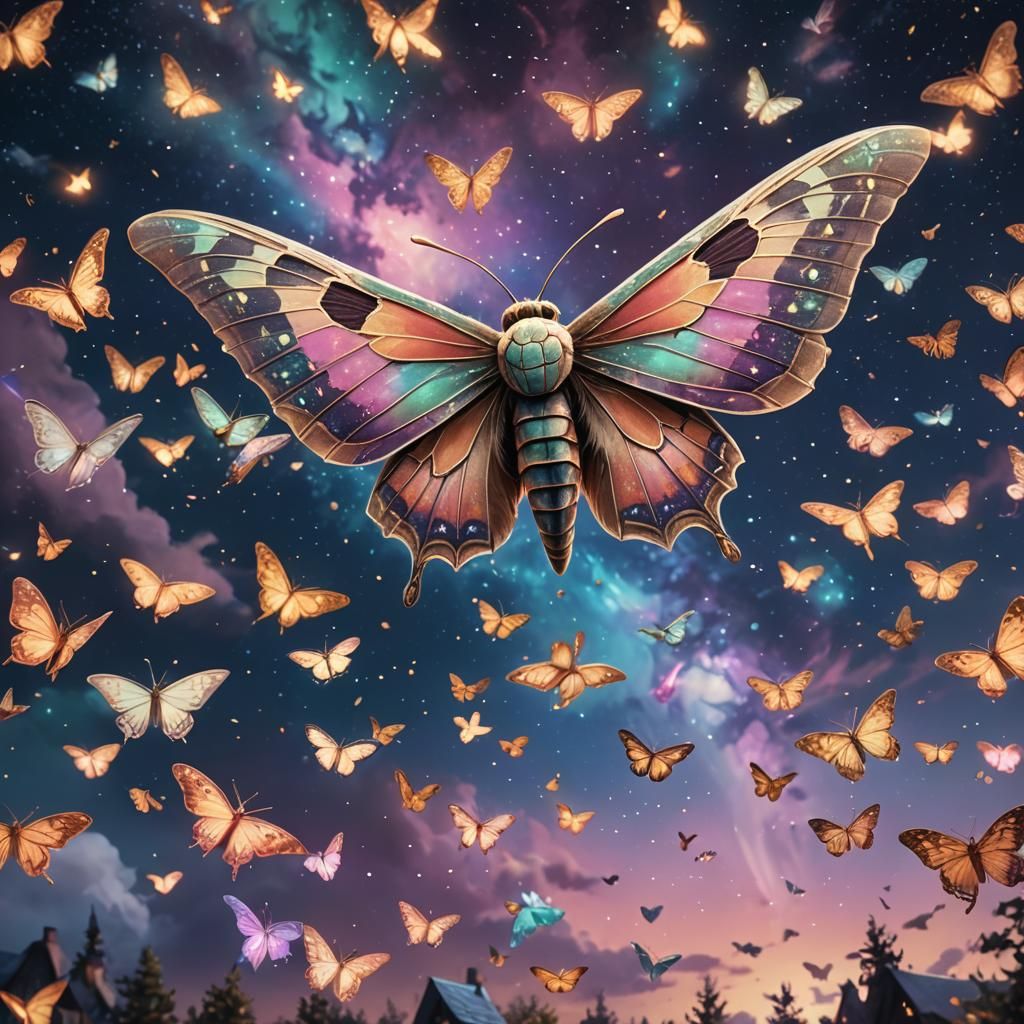 Pastel Moth Flight in Starry Night Sky