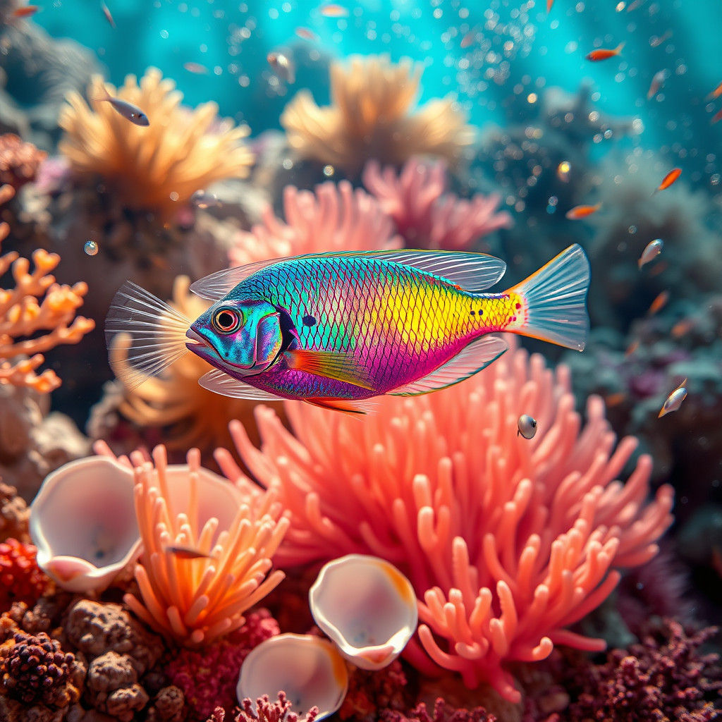 Iridescent Fish in Coral Reef, Underwater Photography