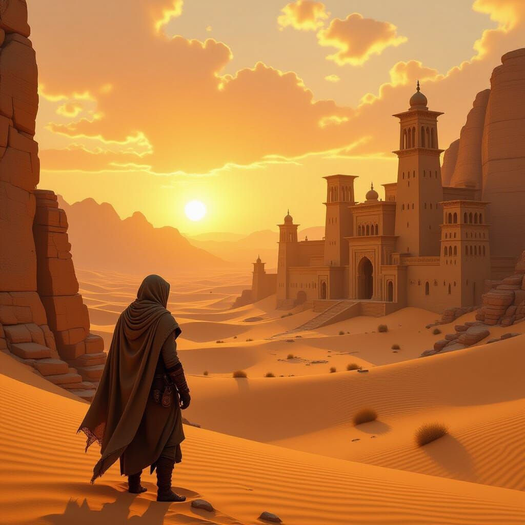 Explorer at Zerzura Oasis City Sunset