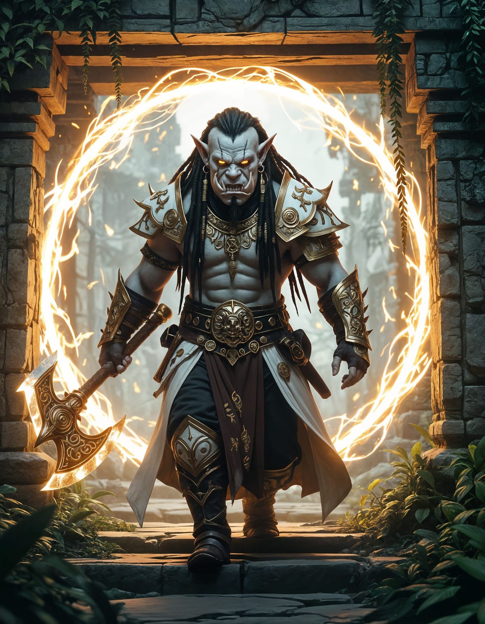 Albino Orc Warlock Steps Through Portal