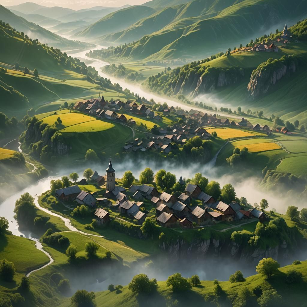 Ukrainian Village in Lush Valley: Fantasy Concept Art