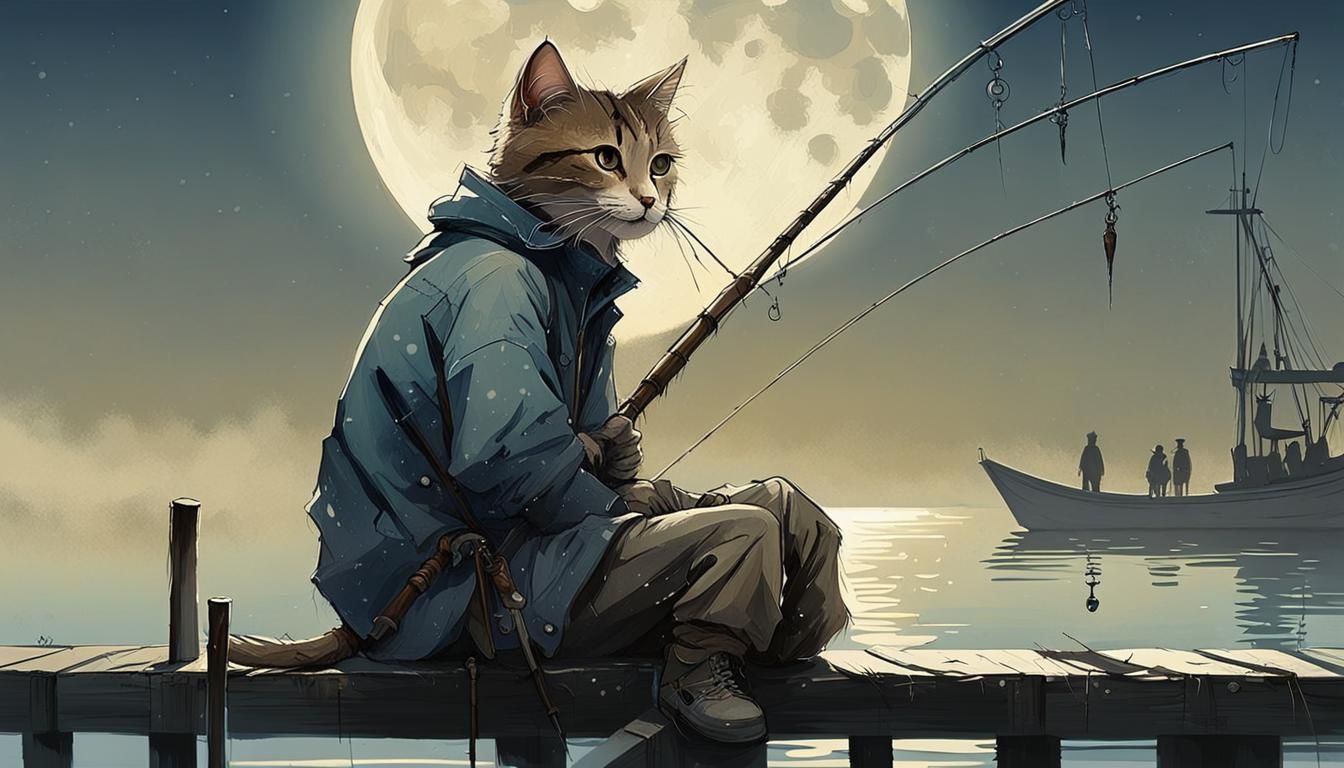 Fisherman Cat on Pier at Night, Digital Painting