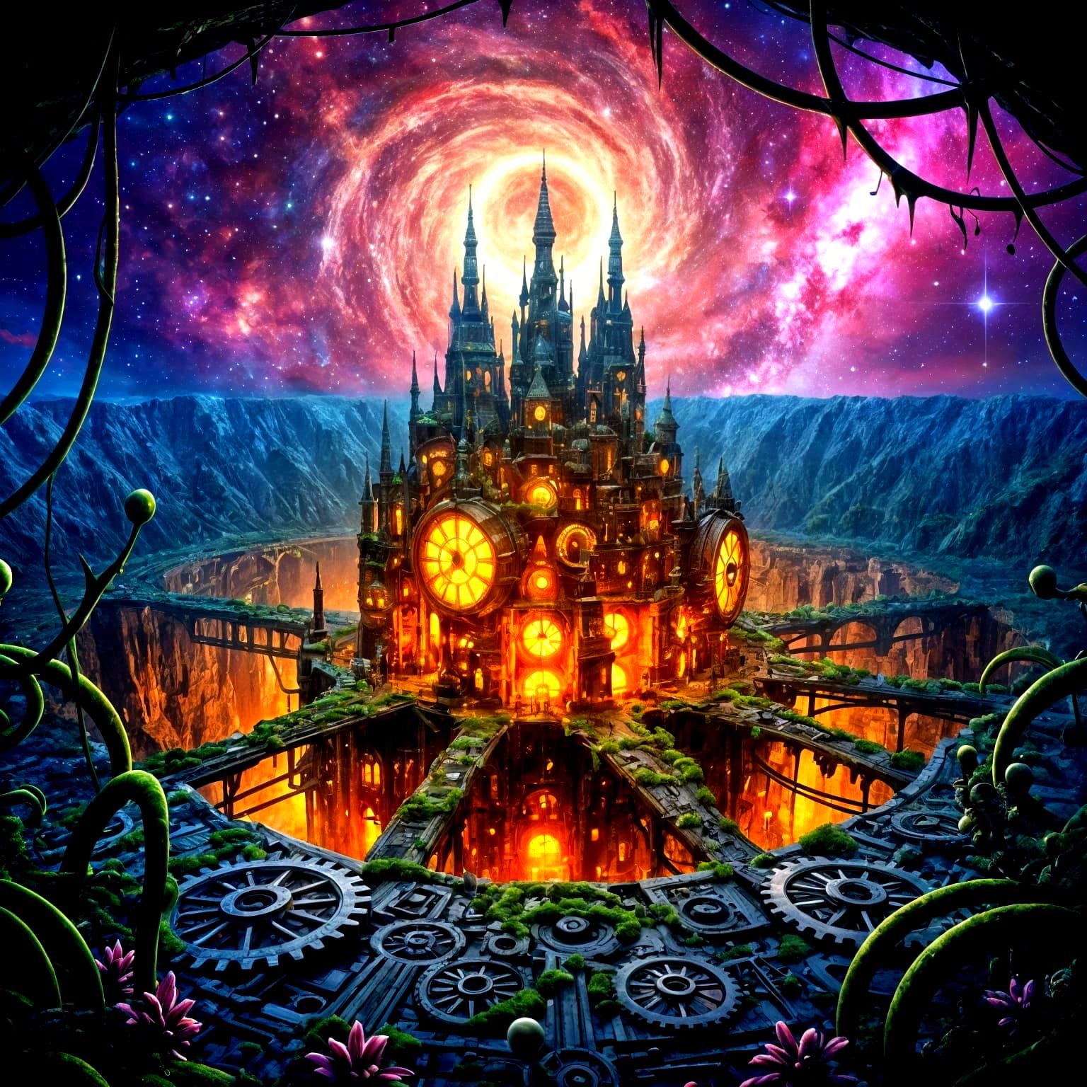 Clockwork City in Crater, Cosmic Sky, Steampunk Fantasy