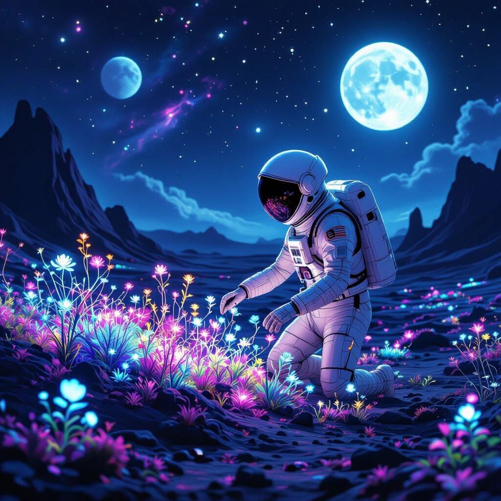 Astronaut Tends Alien Garden Under Nebula Sky