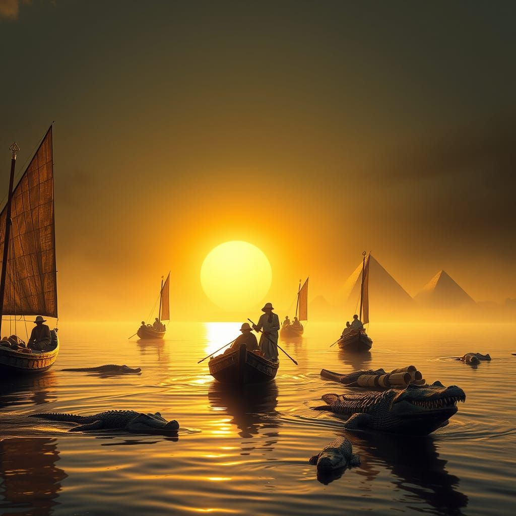 Egyptian Merchants Sail Glowing River at Sunset