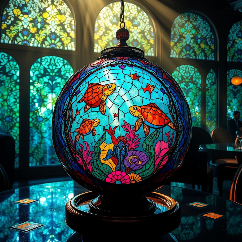 Kaleidoscopic Stained Glass Undersea Lounge, Psychedelic Sty...