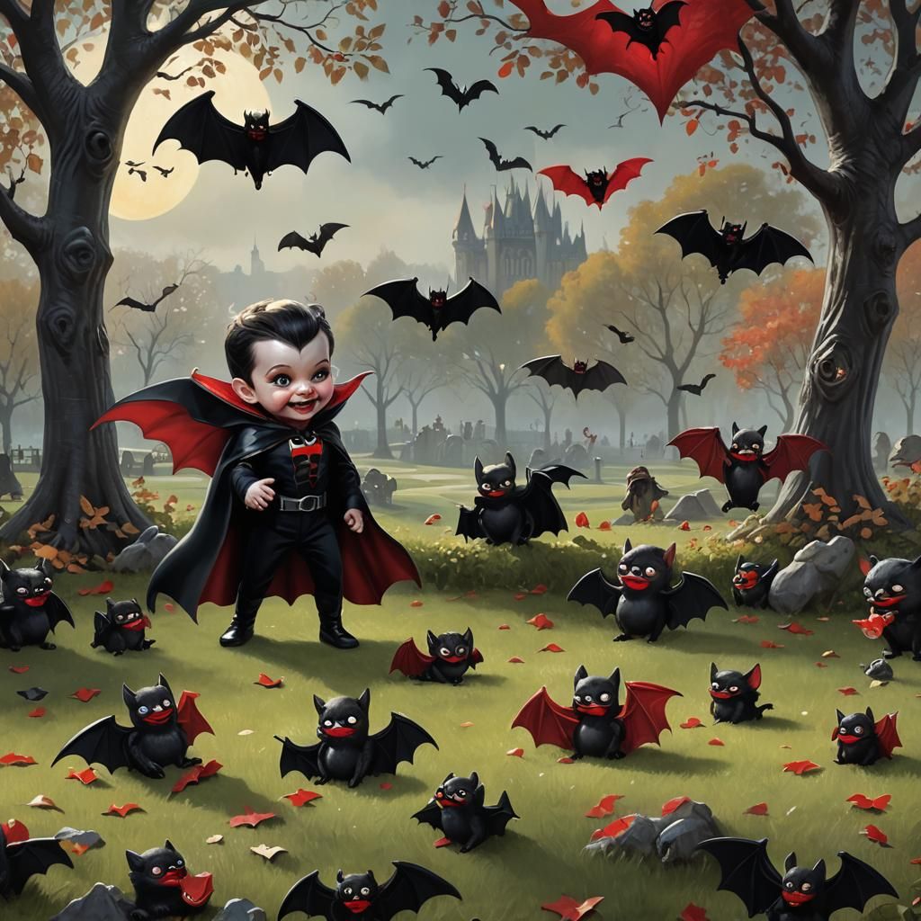 Baby Dracula in a Sunlit Park: Fantasy Concept Art