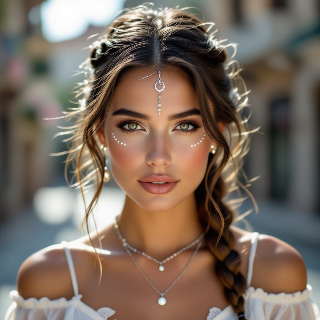 Moonlit Portrait of a Woman with Golden Braid and Glowing Ta...