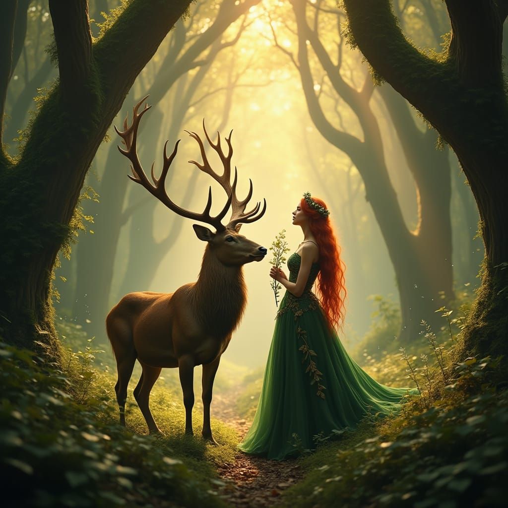 Enchanted Forest: Woman and Stag in Golden Light