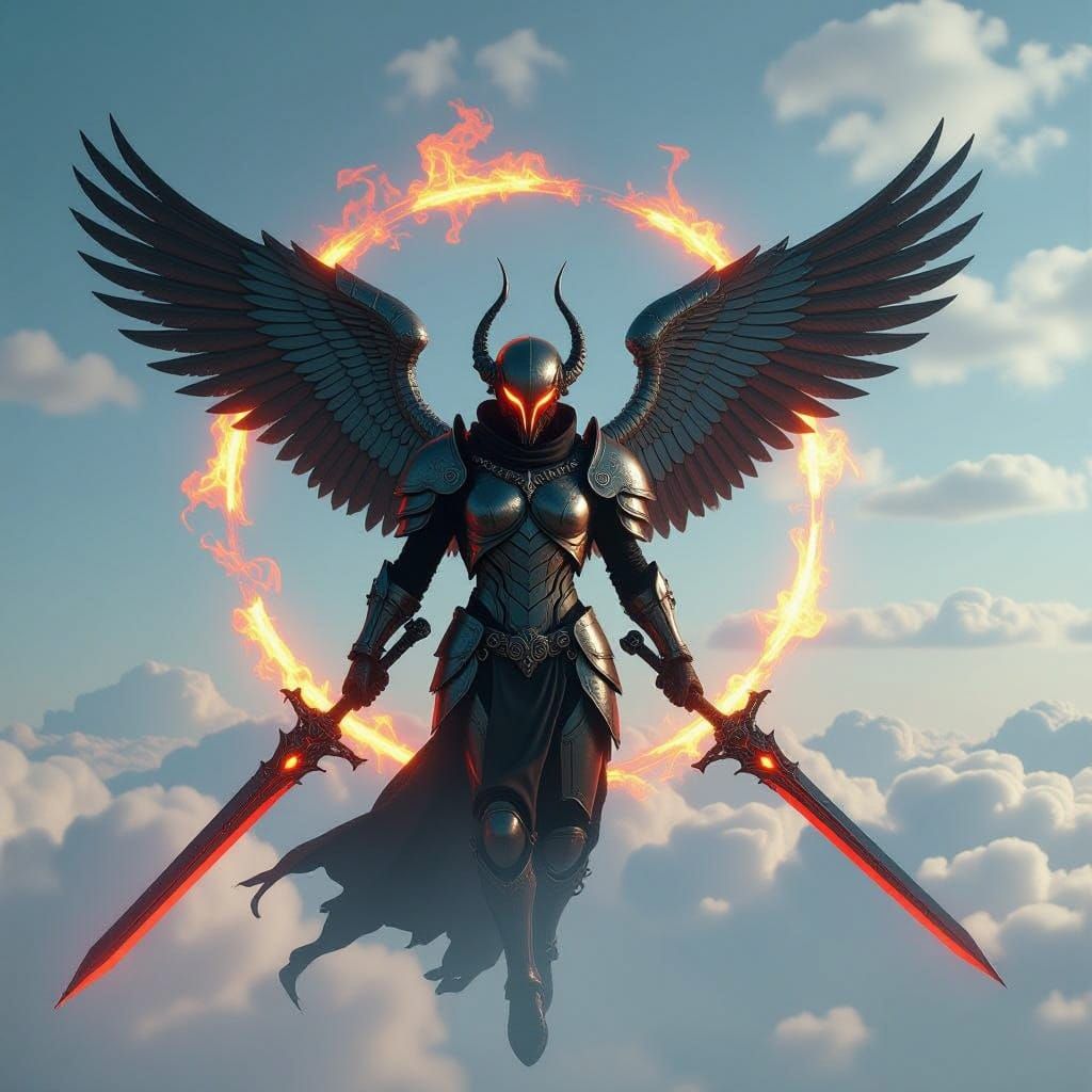 Cyberpunk Angel of Death in Futuristic Sky
