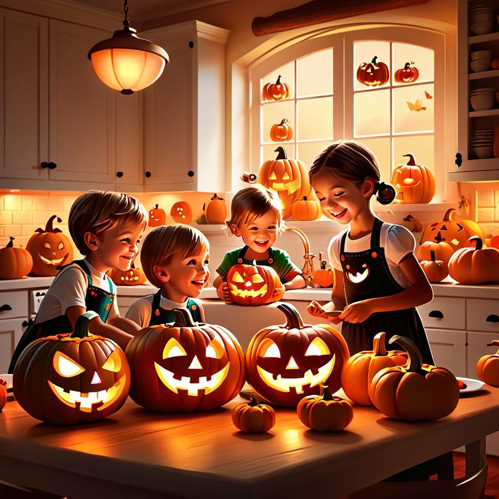 Whimsical Digital Painting of Family Carving Pumpkins
