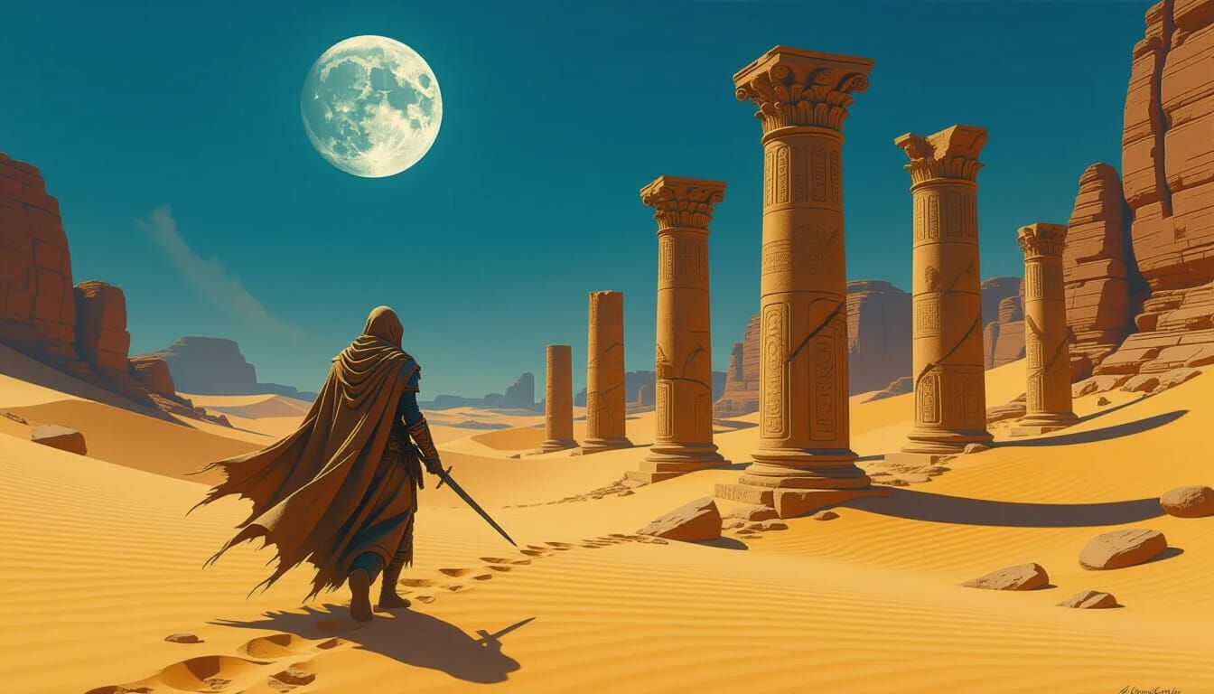 Desert Warrior Under Moonlight in Digital Matte Painting