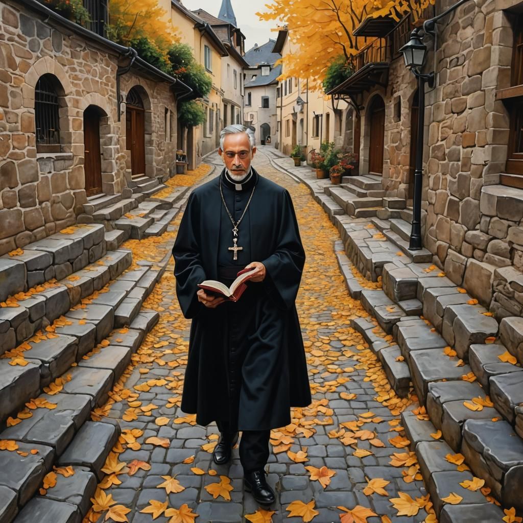 Catholic Priest Reading in Autumnal Mountain Village