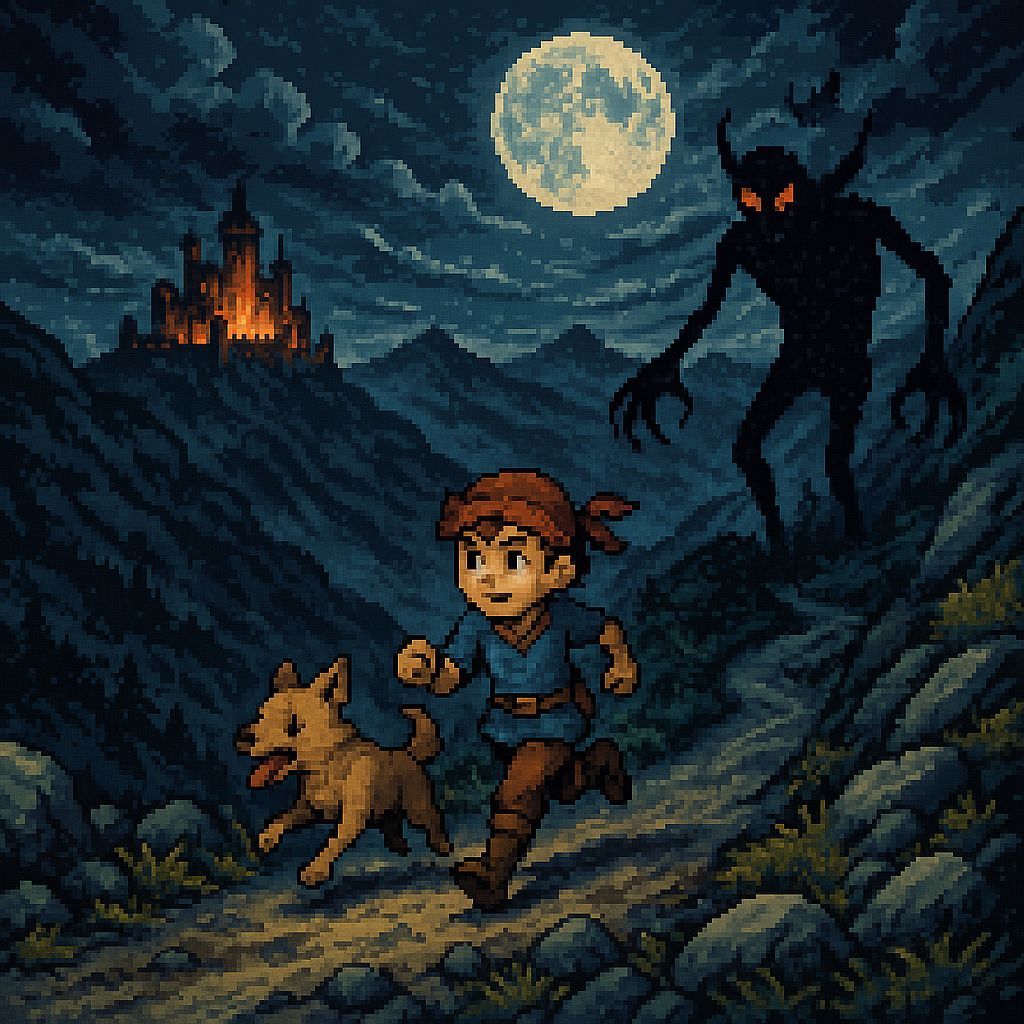 Brave Adventurer Pursued in 8-Bit Pixel Art Style