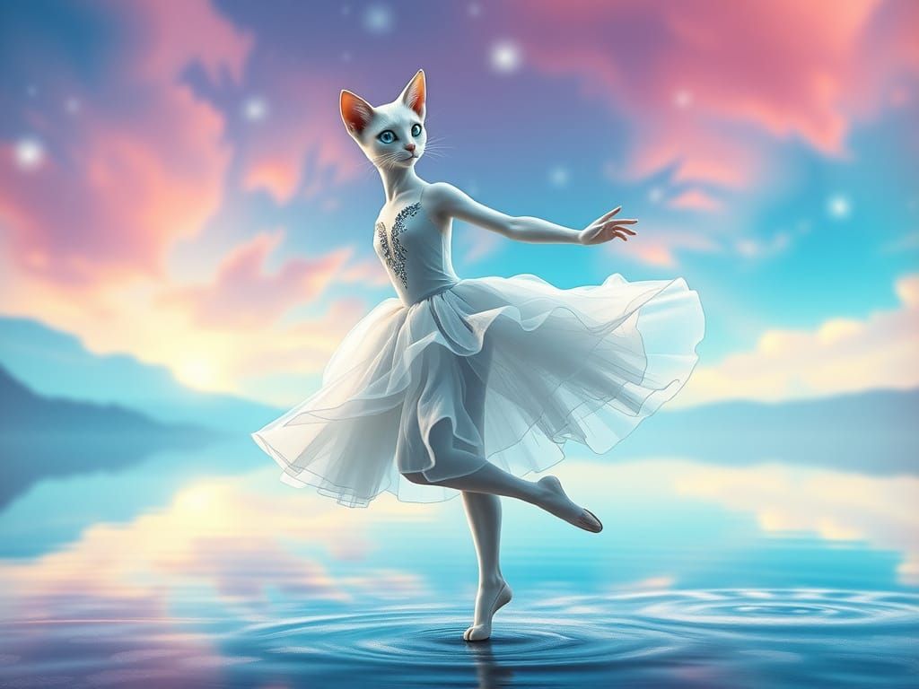 Ethereal Cat Ballerina in Whimsical, Dreamlike Scene